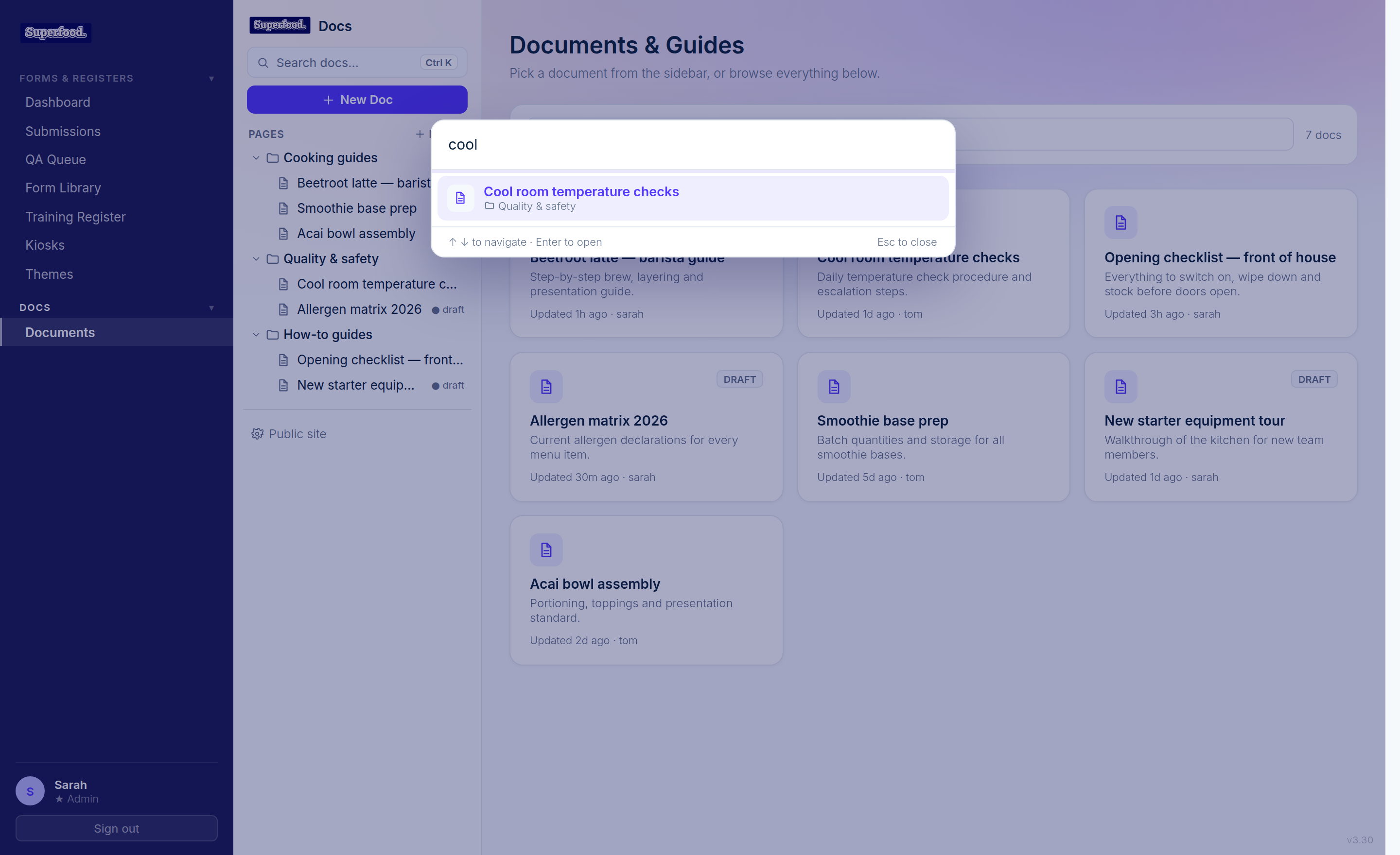The quick switcher opened with Ctrl K, filtering documents as you type