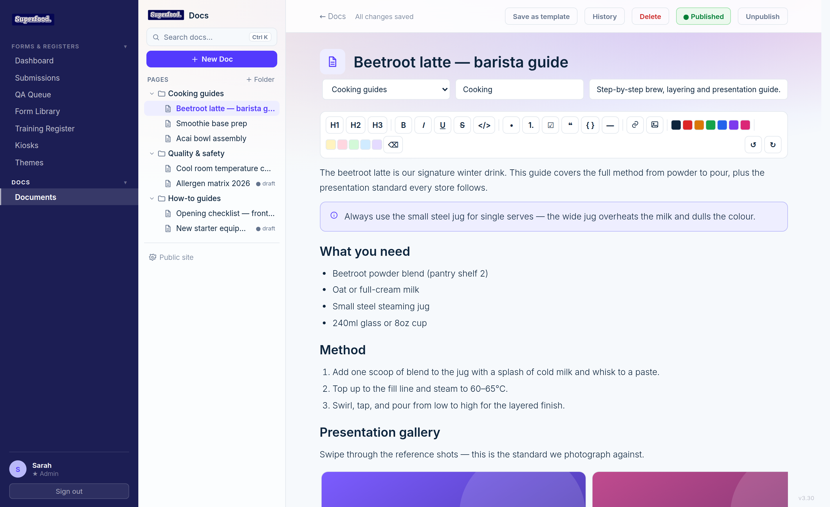 The document editor with title, folder, category, summary and the formatting toolbar