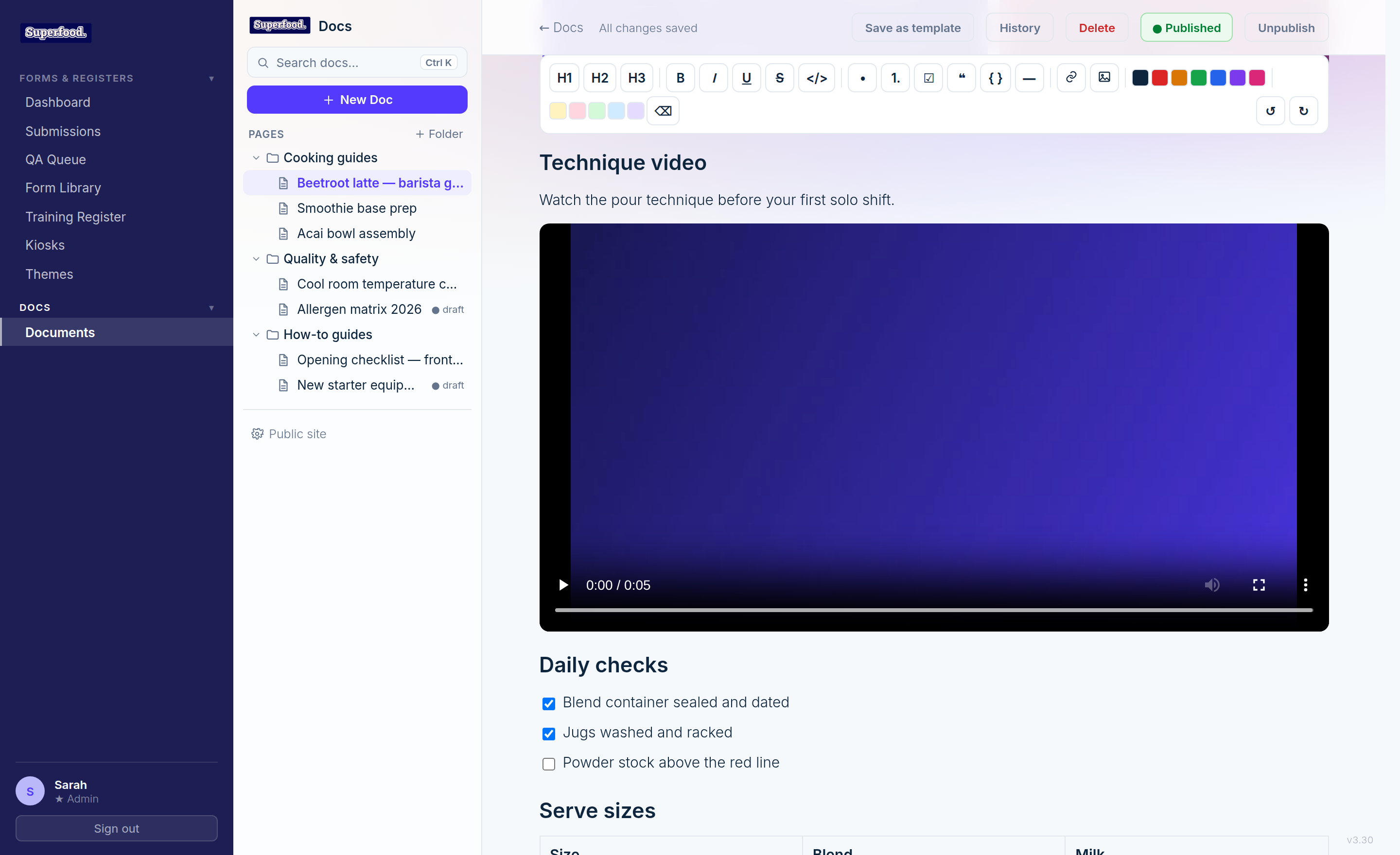 An uploaded video block with playback controls inside a document