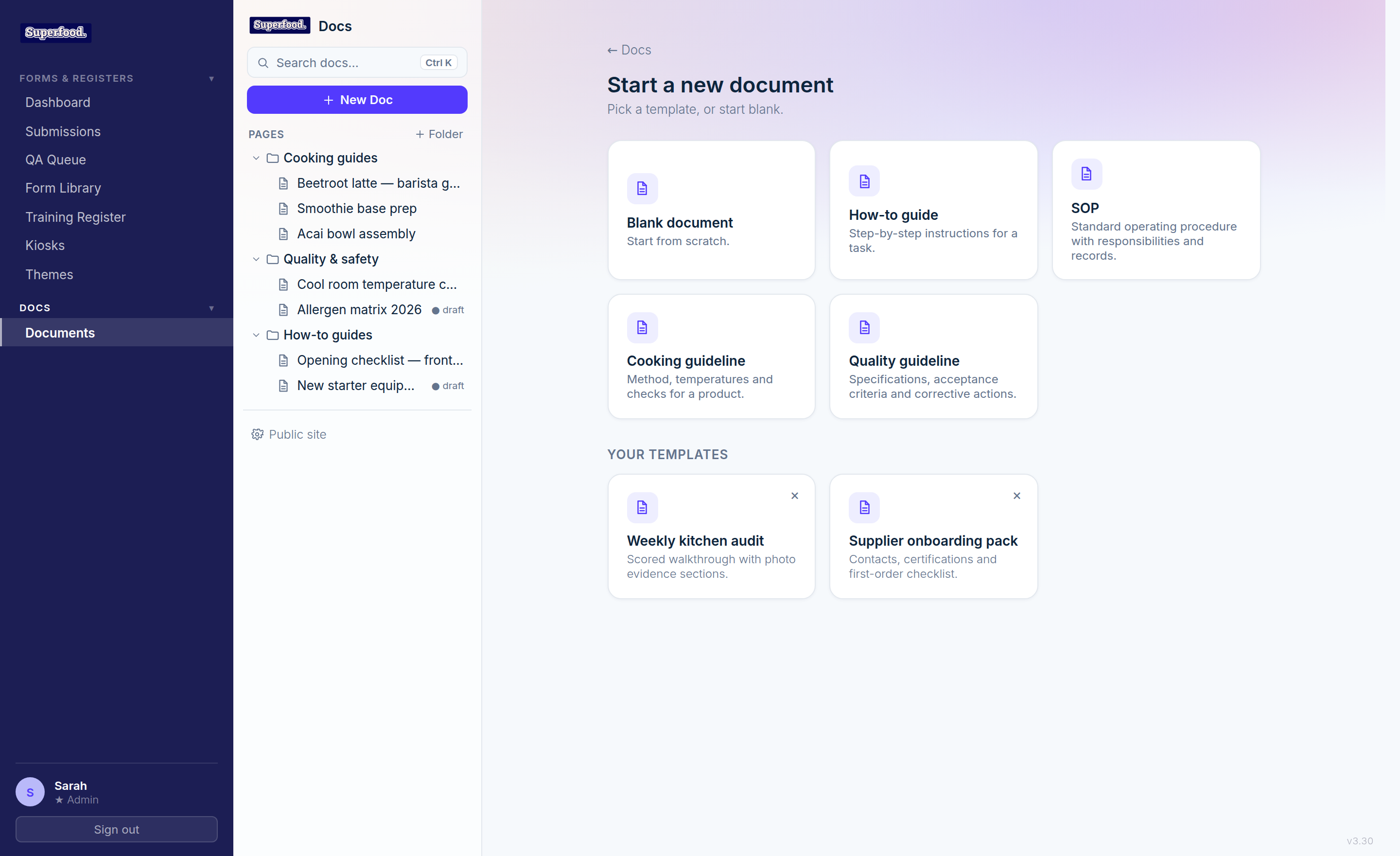 The Start a new document screen with built-in templates and the Your templates section