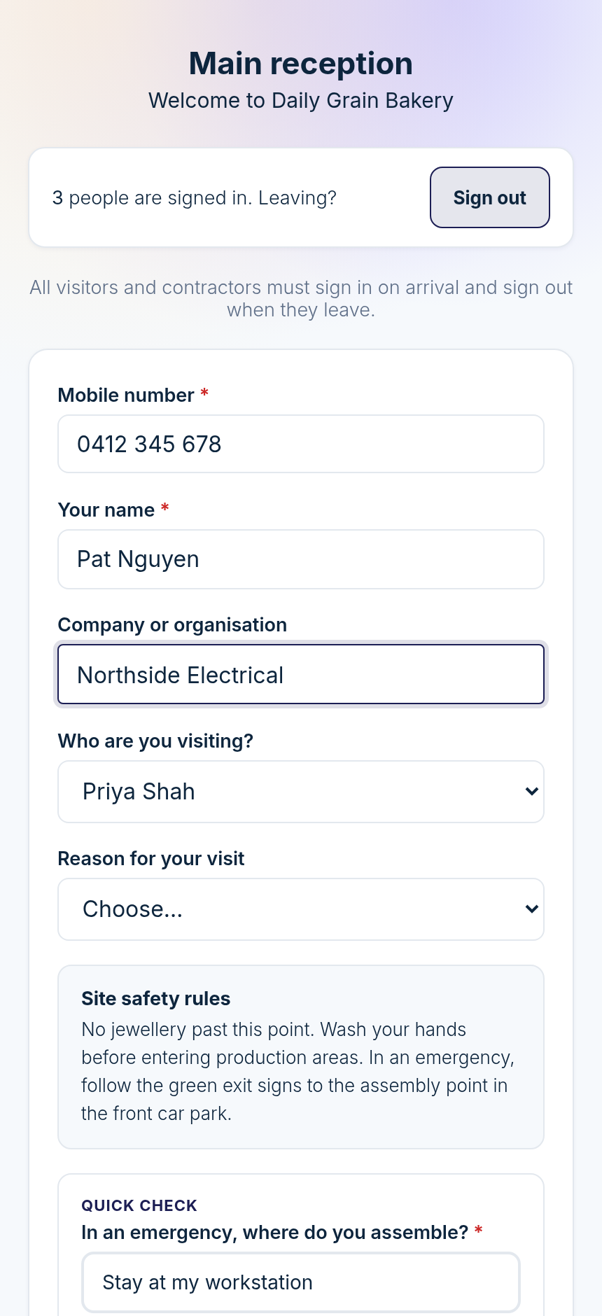 The visitor sign-in page on a phone