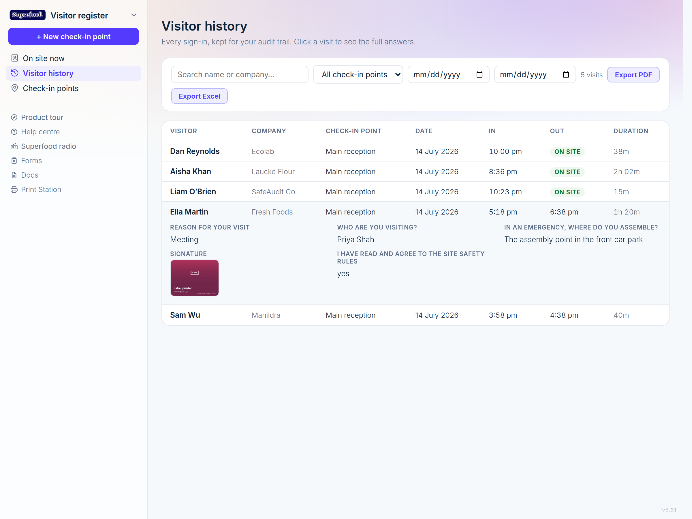 Visitor history with an expanded visit showing every answer