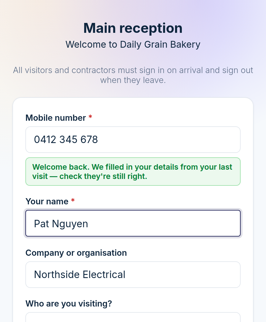 Welcome back: details prefilled from the last visit